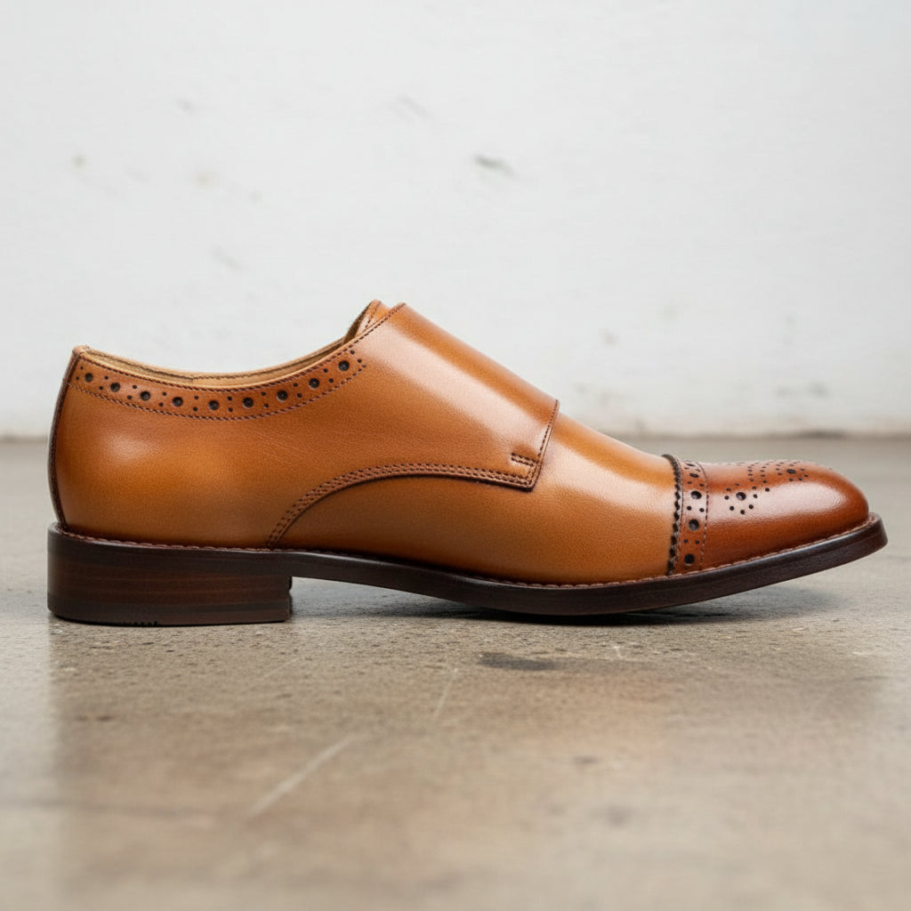 Handmade Men's Full Garin Leather Double Monk Strap Shoes - detail-view-showing-texture