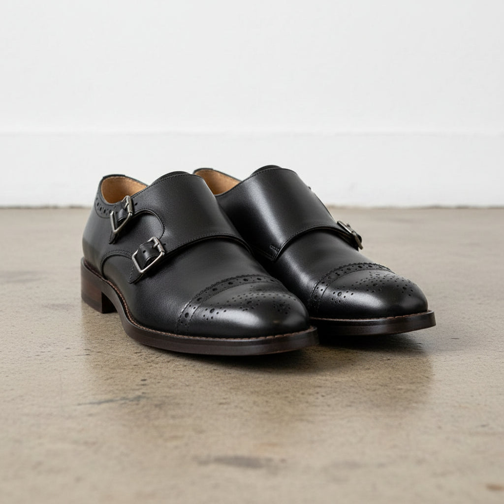 Handmade Men's Full Garin Leather Double Monk Strap Shoes - front-view