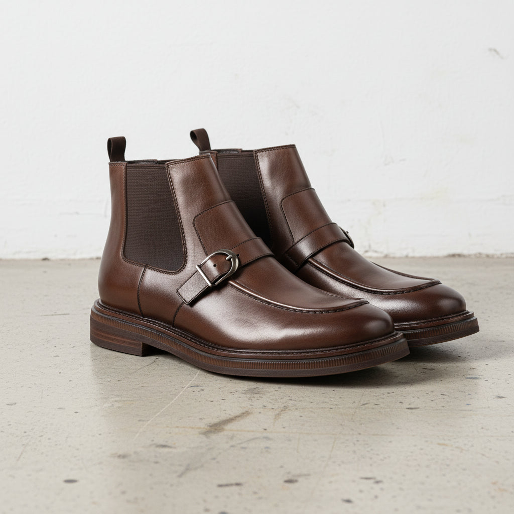 Handmade Men's Full Garin Leather Monk Strap Boots - angle-view-showing-depth