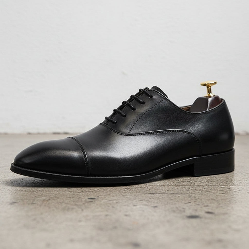 Handmade Men's Full Grain Cow Leather Formal Dress Shoes - detail-view-showing-texture