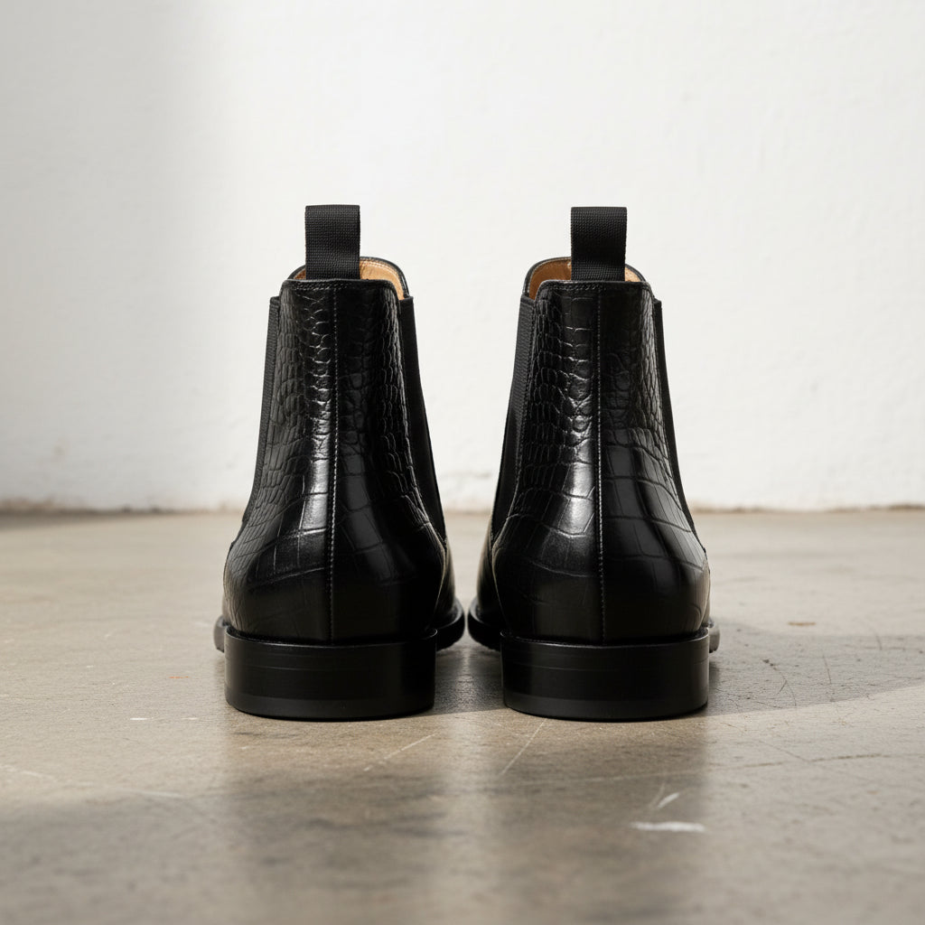 Handmade Men's Full Grain Crocodile Pattern Chelsea Boots - back-view