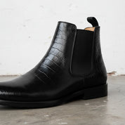 Handmade Men's Full Grain Crocodile Pattern Chelsea Boots - detail-view-showing-texture
