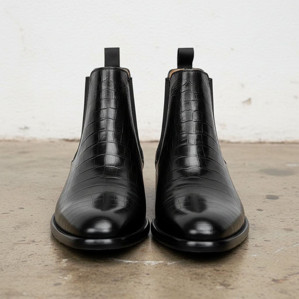 Handmade Men's Full Grain Crocodile Pattern Chelsea Boots - front-view