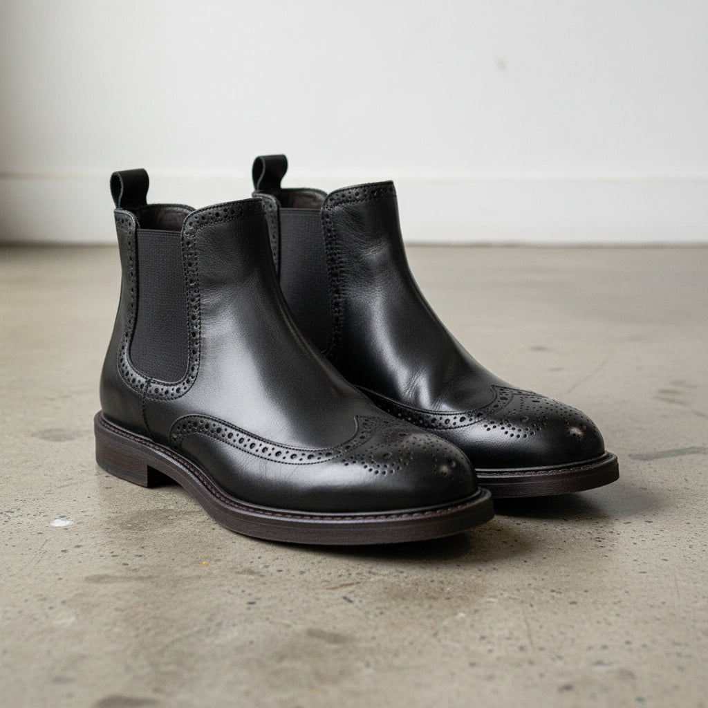 Handmade Men's Full Grain Leather Brogue Chelsea Boots - 3-4-right-view