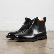 Handmade Men's Full Grain Leather Brogue Chelsea Boots - angle-view-showing-depth