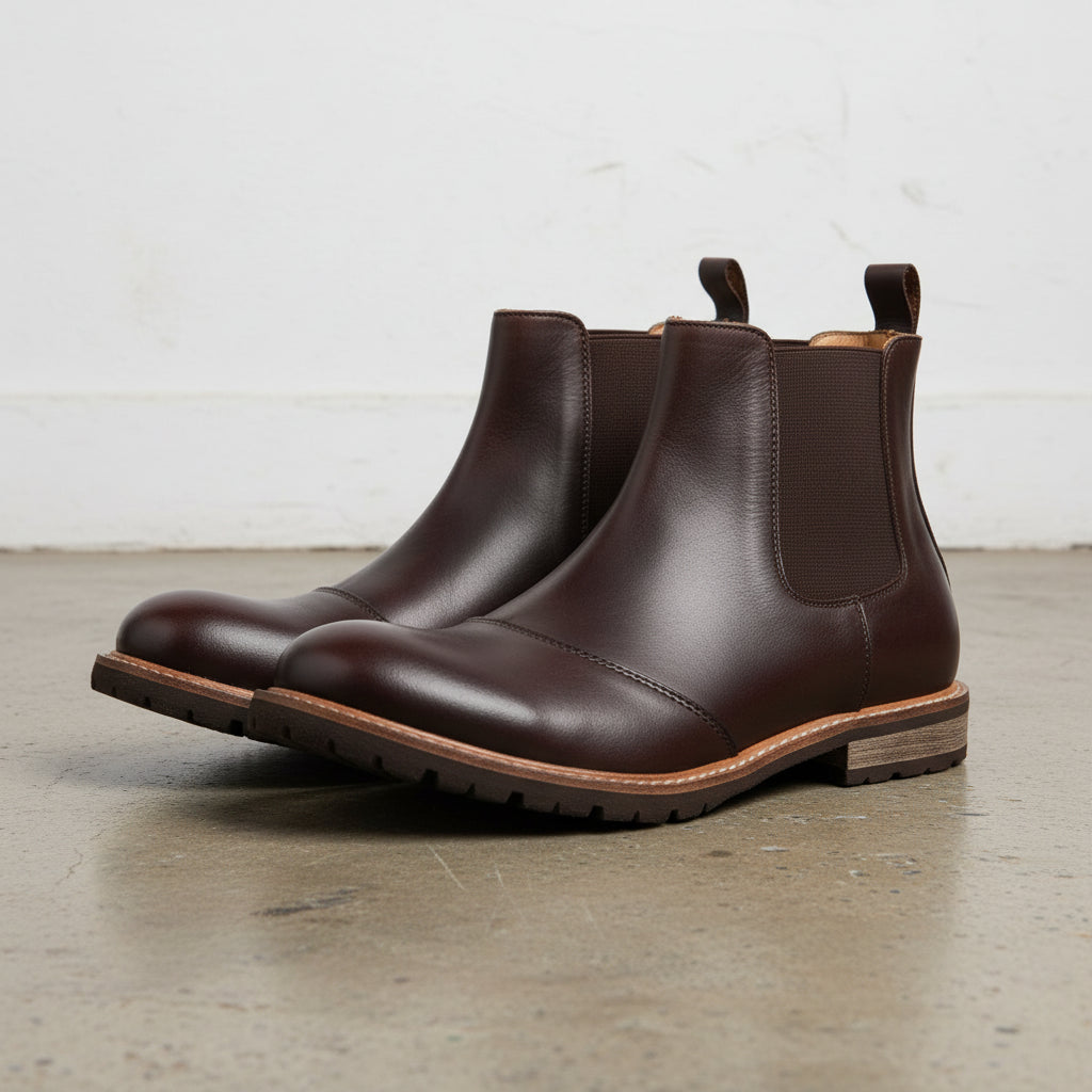 Handmade Men's Full Grain Leather Brogue Chelsea Boots - angle-view-showing-depth