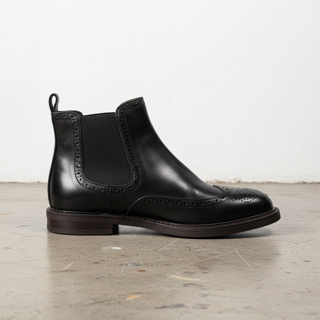Handmade Men's Full Grain Leather Brogue Chelsea Boots - detail-view-showing-texture
