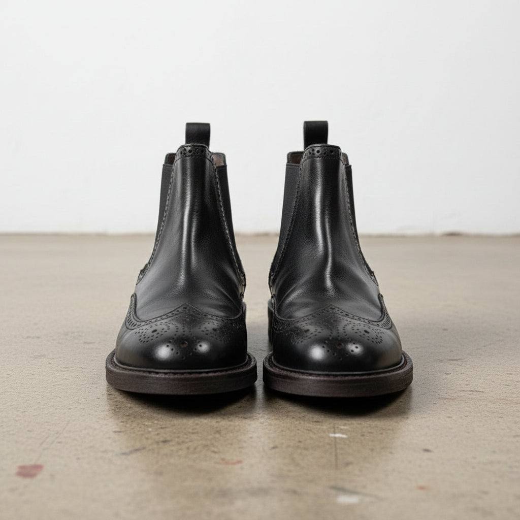 Handmade Men's Full Grain Leather Brogue Chelsea Boots - front-view