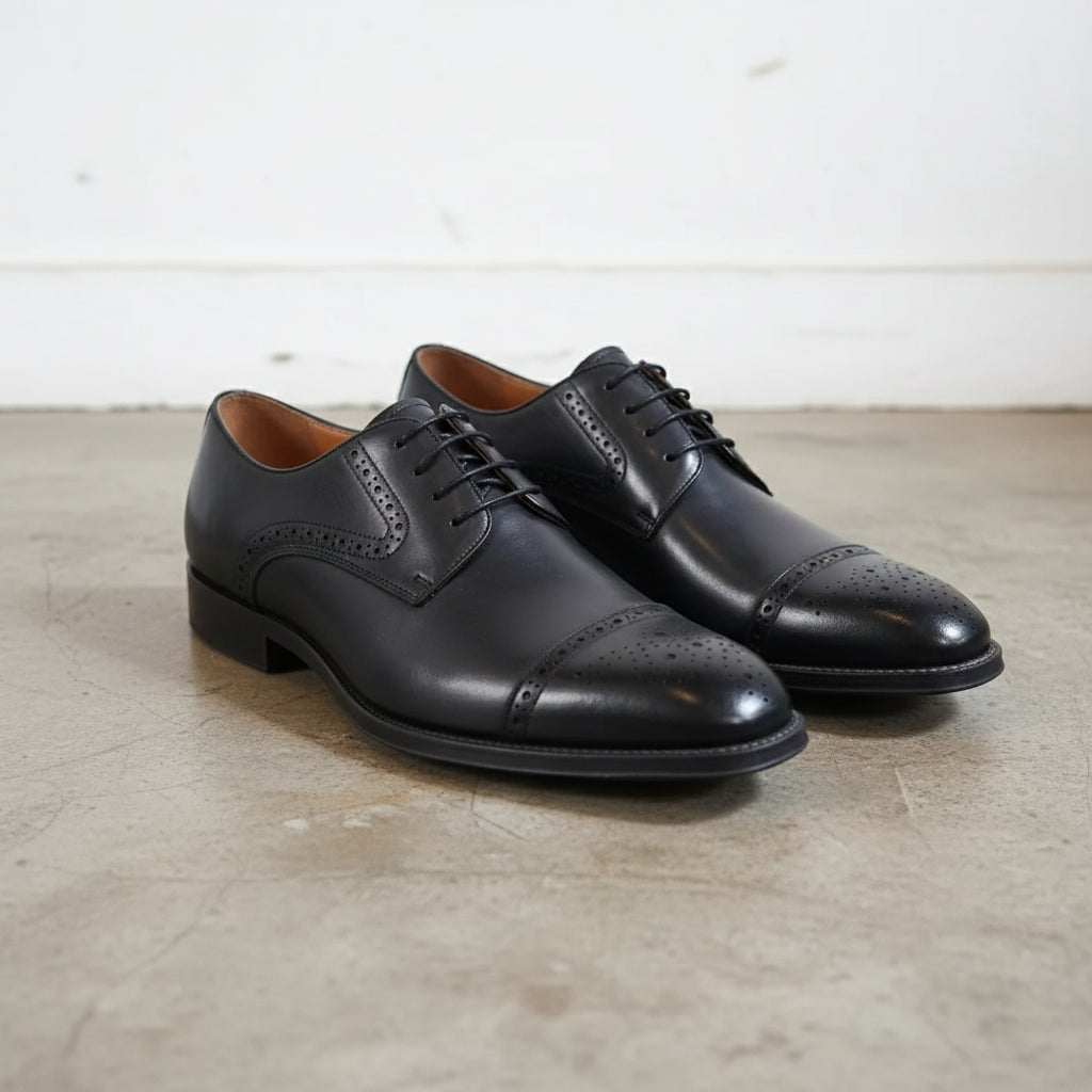 Handmade Men's Full Grain Leather Brogue Dress Shoes - angle-view-showing-depth