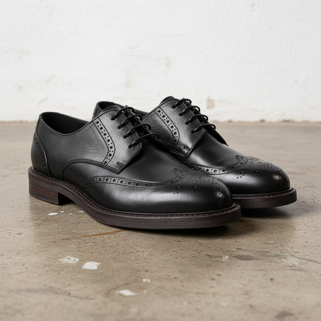 Handmade Men's Full Grain Leather Brogue Dress Shoes - angle-view-showing-depth