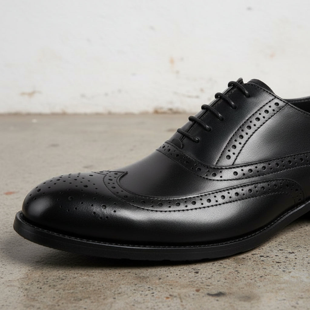 Handmade Men's Full Grain Leather Brogue Dress Shoes - detail-view-showing-texture