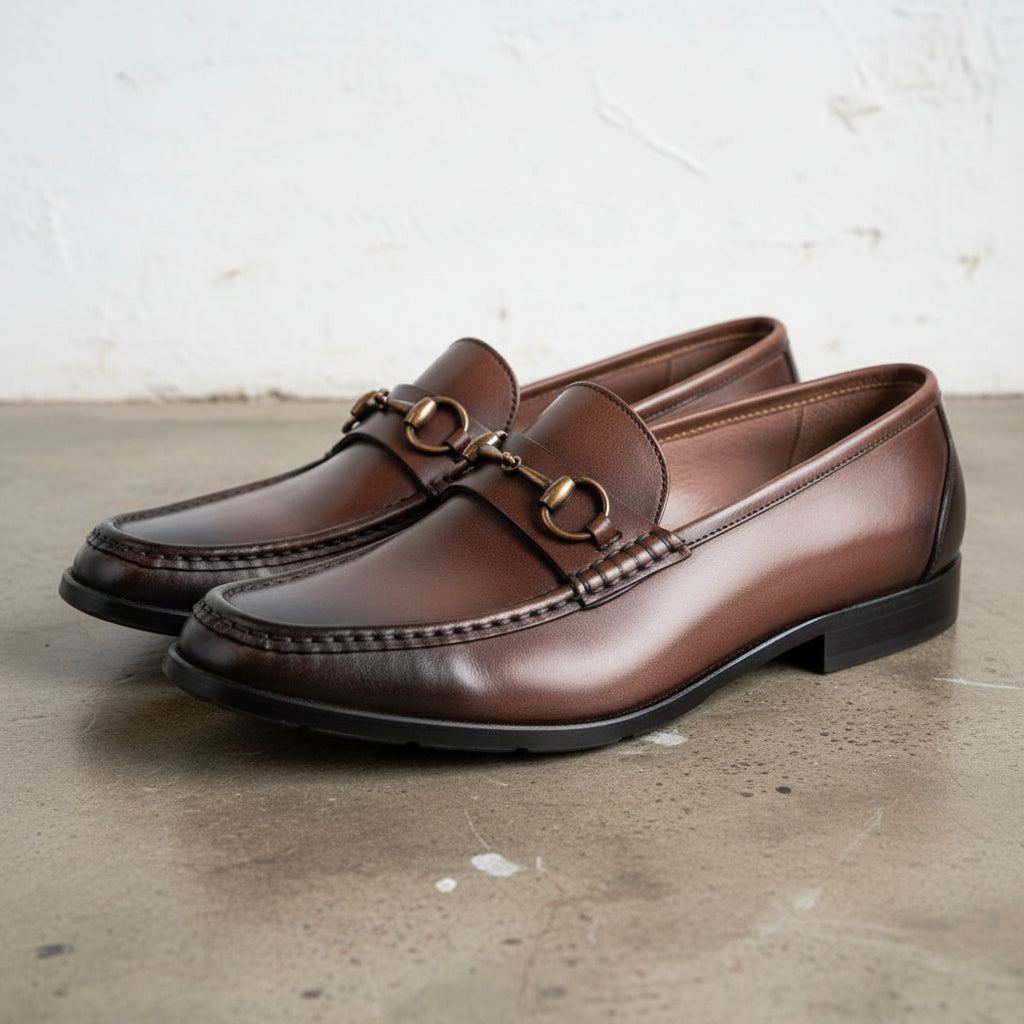 Handmade Men's Full Grain Leather Buckle Loafer Shoes - angle-view-showing-depth