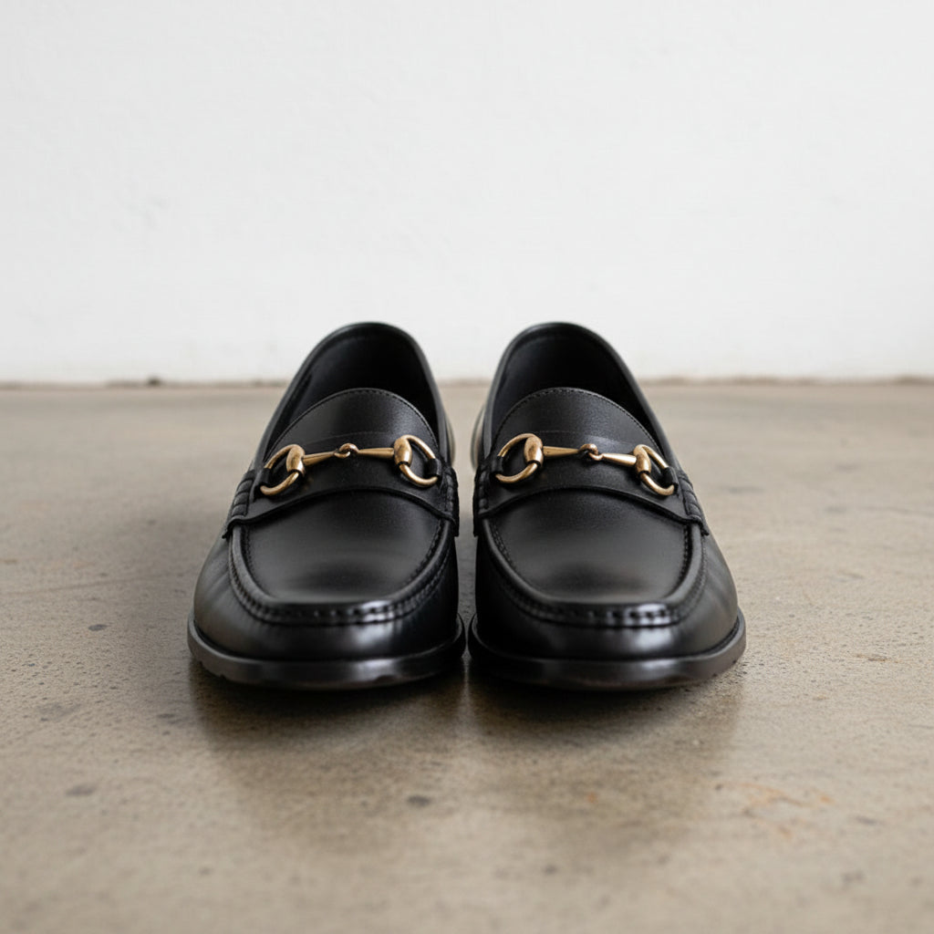 Handmade Men's Full Grain Leather Buckle Loafer Shoes - front-view