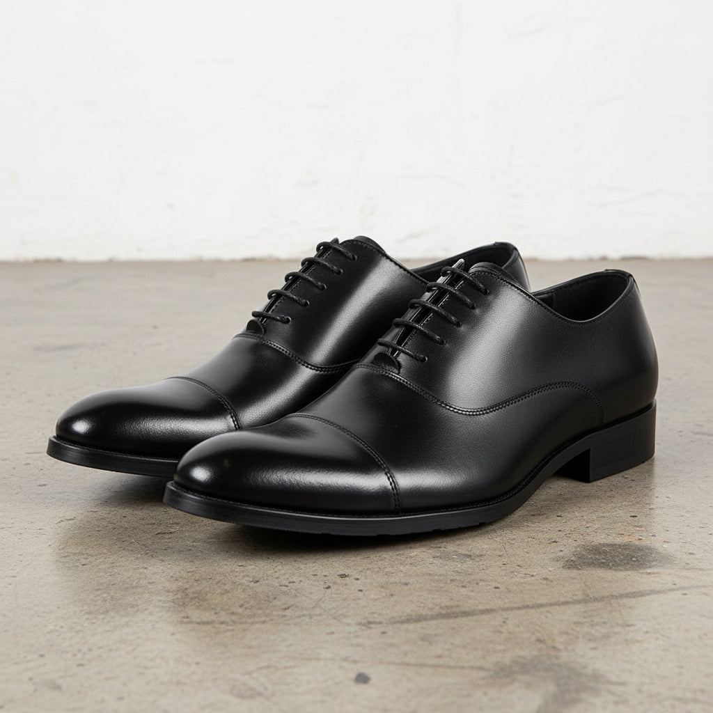 Handmade Men's Full Grain Leather Cap Toe Formal Dress Shoes - angle-view-showing-depth