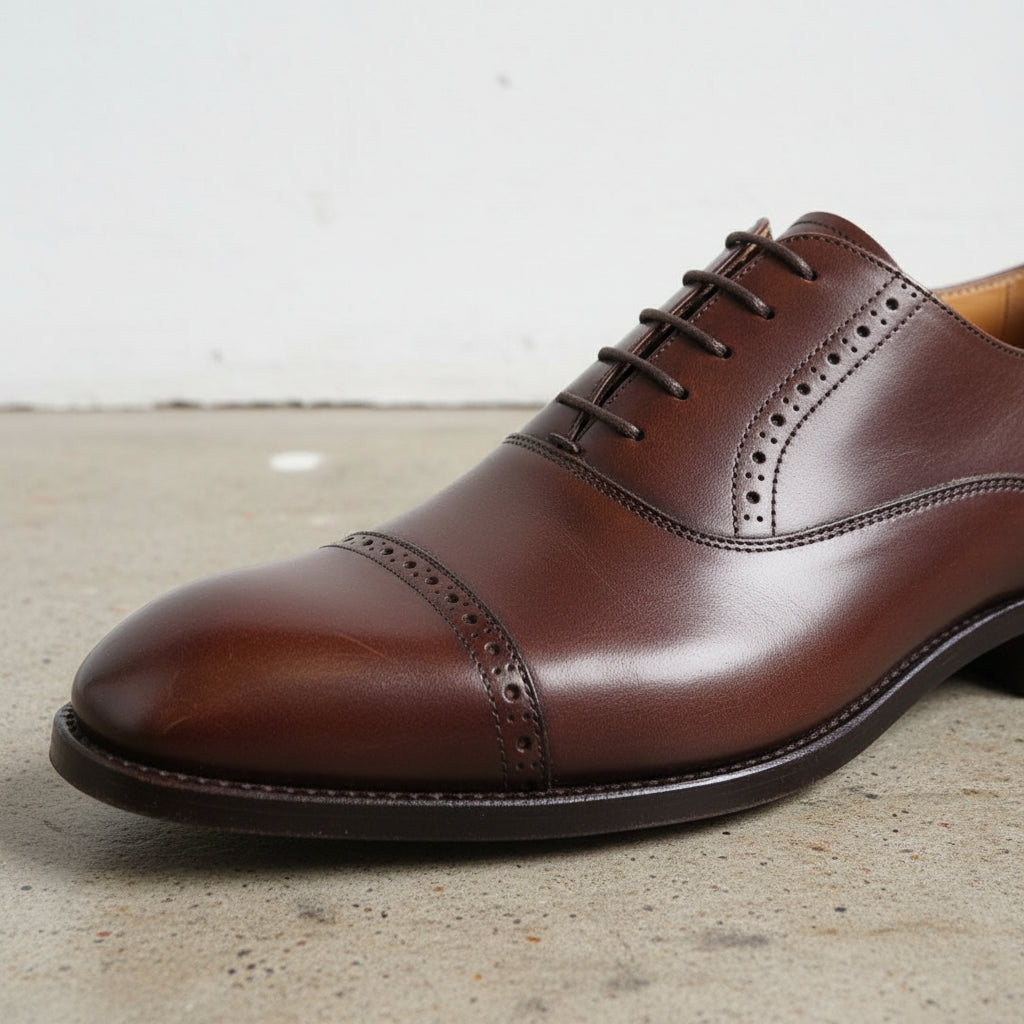 Handmade Men's Full Grain Leather Cap-Toe Oxford Shoes - detail-view-showing-texture