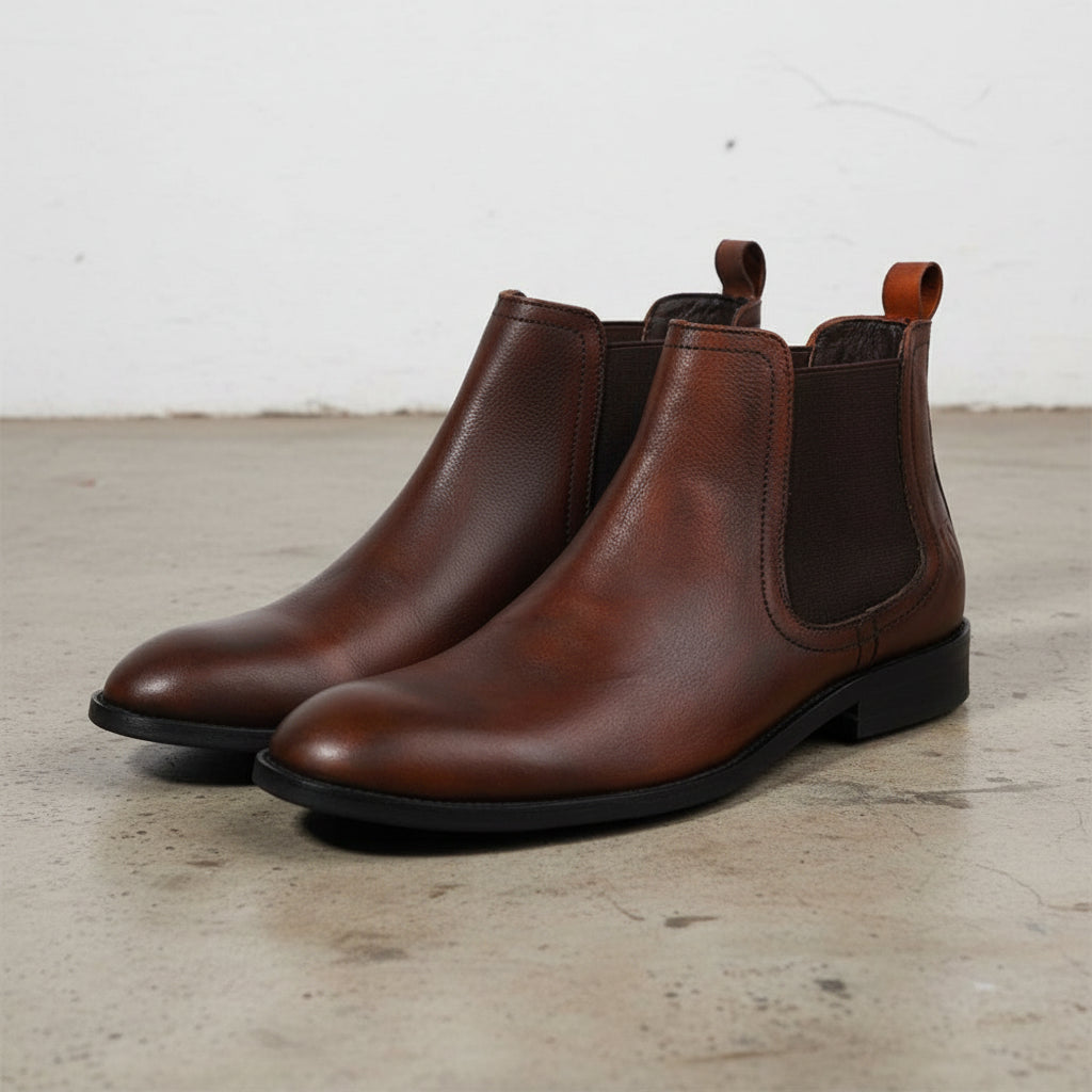 Handmade Men's Full Grain Leather Casual Chelsea Boots - angle-view-showing-depth