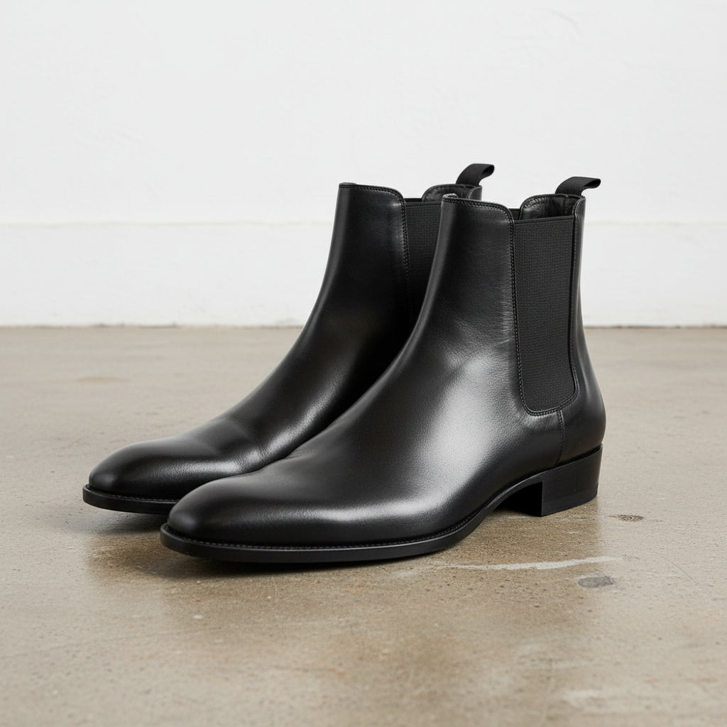 Handmade Men's Full Grain Leather Classic Chelsea Boots - angle-view-showing-depth