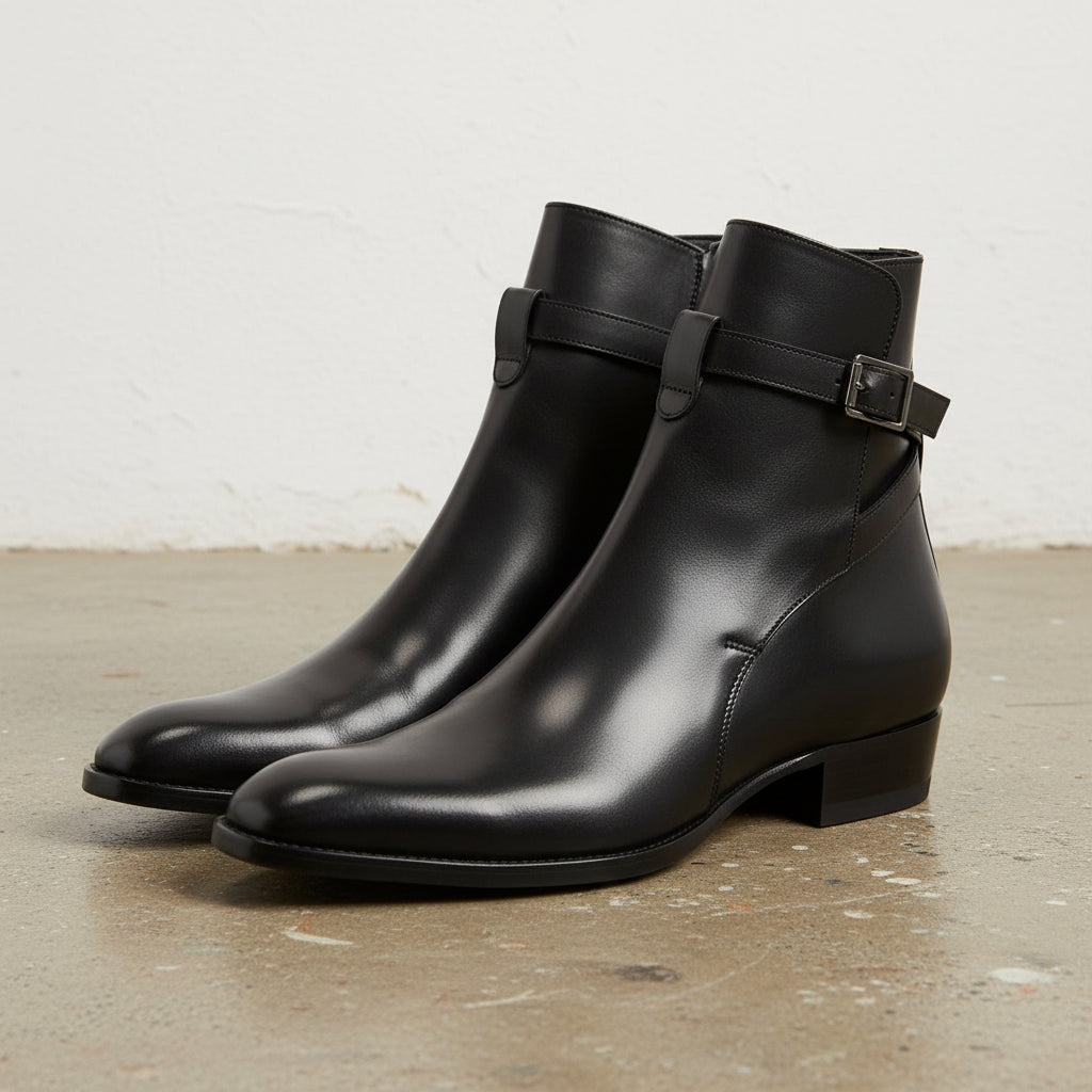 Handmade Men's Full Grain Leather Classic Dress Boots - angle-view-showing-depth