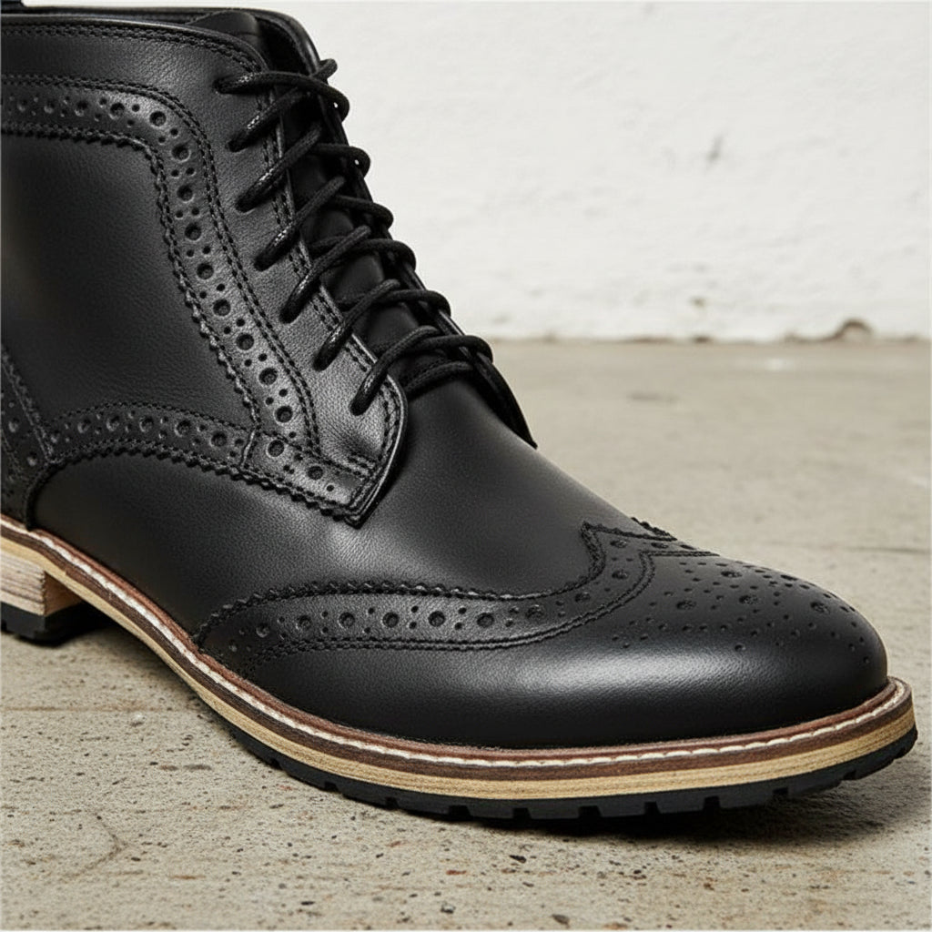 Handmade Men's Full Grain Leather Classic Lace-Up Ankle Boots - detail-view-showing-texture