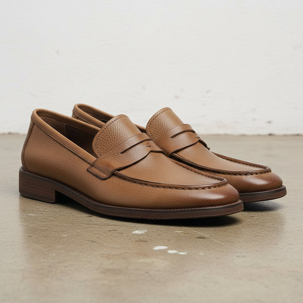 Handmade Men's Full Grain Leather Classic Loafer Shoes - angle-view-showing-depth