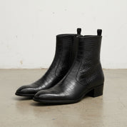 Handmade Men's Full Grain Leather Crocodile-Pattern Ankle Boots - angle-view-showing-depth