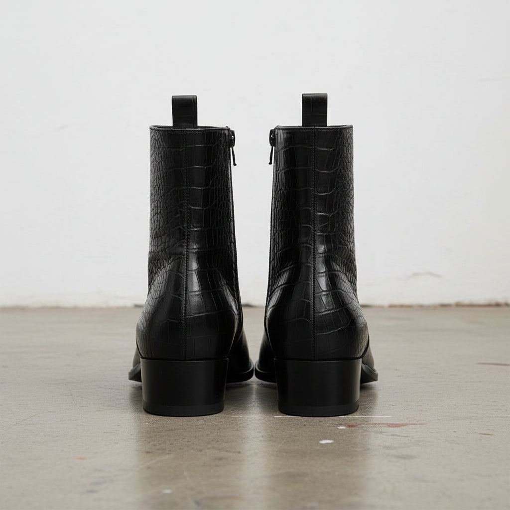 Handmade Men's Full Grain Leather Crocodile-Pattern Ankle Boots - back-view