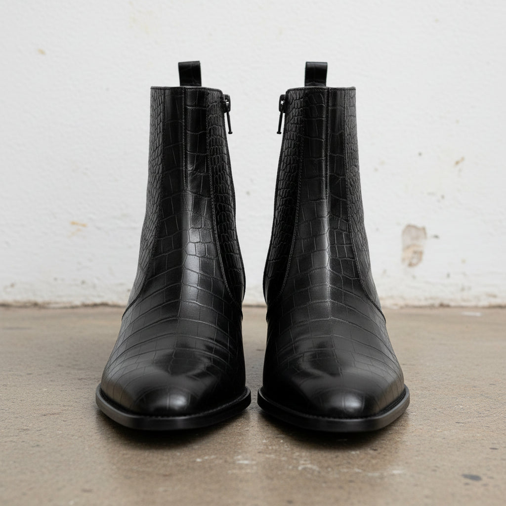 Handmade Men's Full Grain Leather Crocodile-Pattern Ankle Boots - front-view