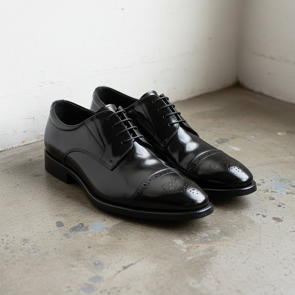 Handmade Men's Full Grain Leather Derby Shoes - angle-view-showing-depth