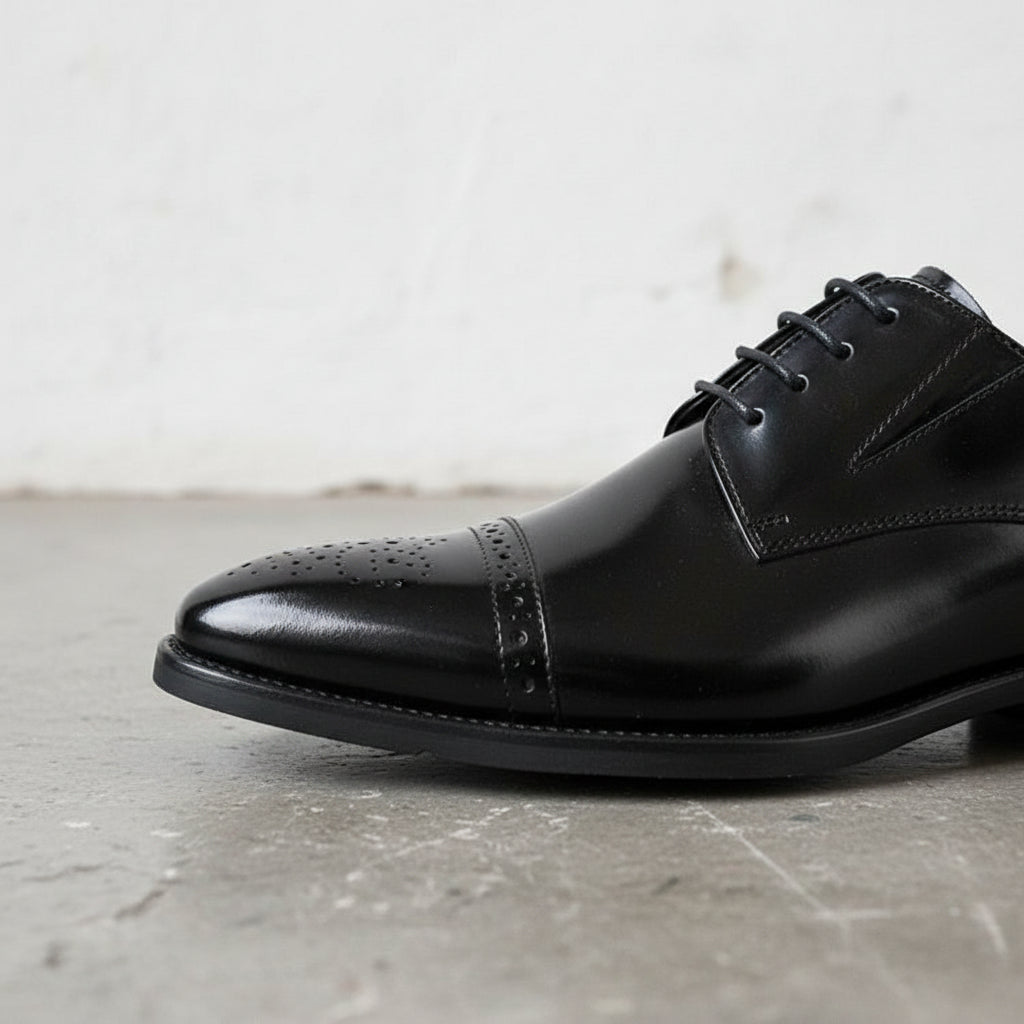 Handmade Men's Full Grain Leather Derby Shoes - detail-view-showing-texture