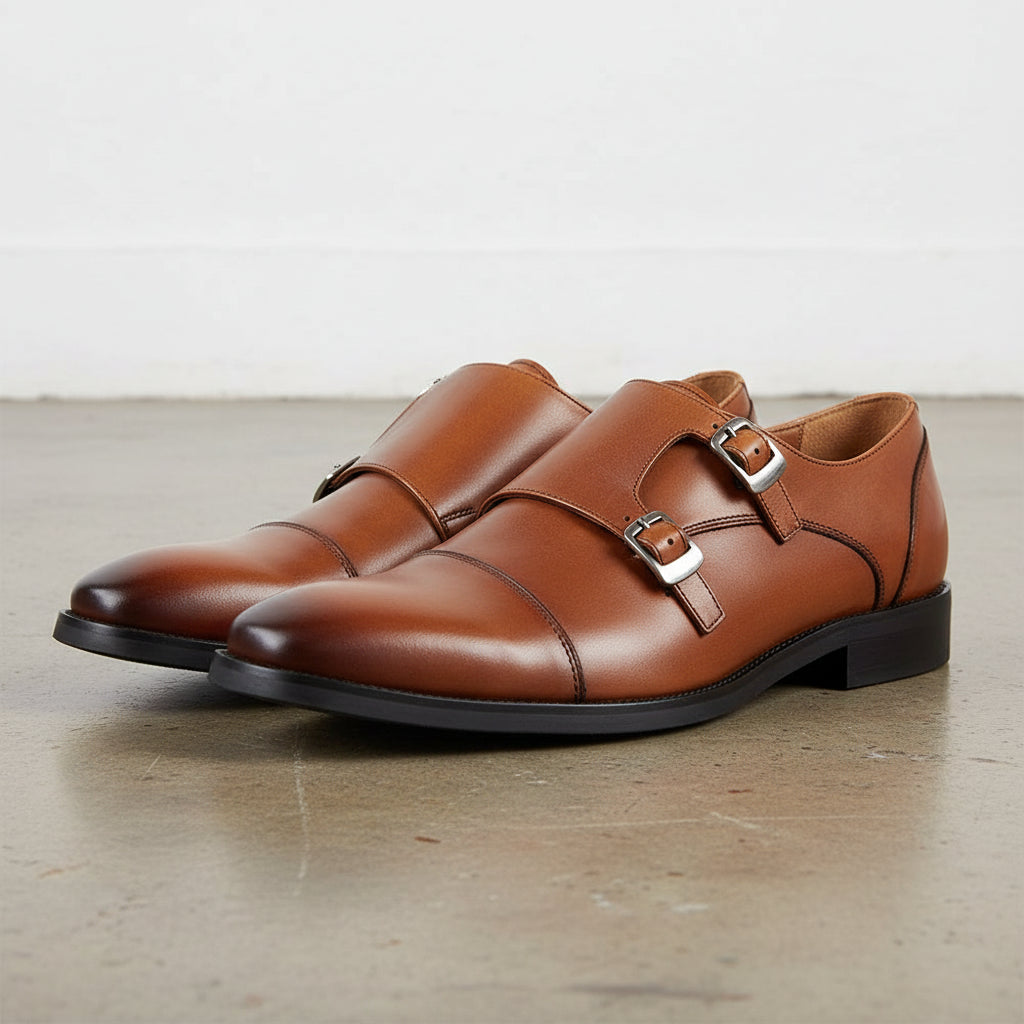 Handmade Men's Full Grain Leather Double Monk Dress Shoes - angle-view-showing-depth