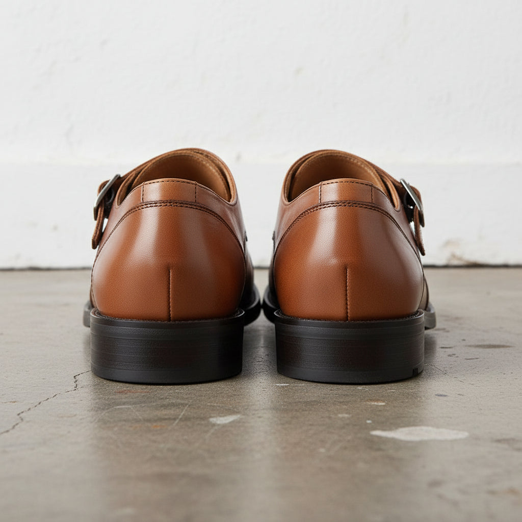 Handmade Men's Full Grain Leather Double Monk Dress Shoes - back-view