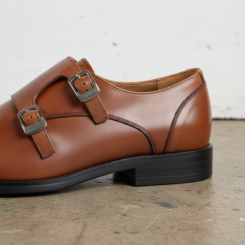 Handmade Men's Full Grain Leather Double Monk Dress Shoes - detail-view-showing-texture