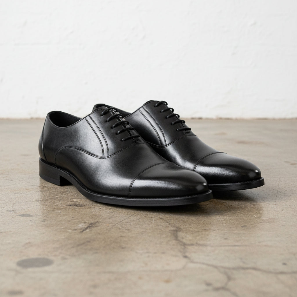 Handmade Men's Full Grain Leather Elegant Derby Dress Shoes - angle-view-showing-depth