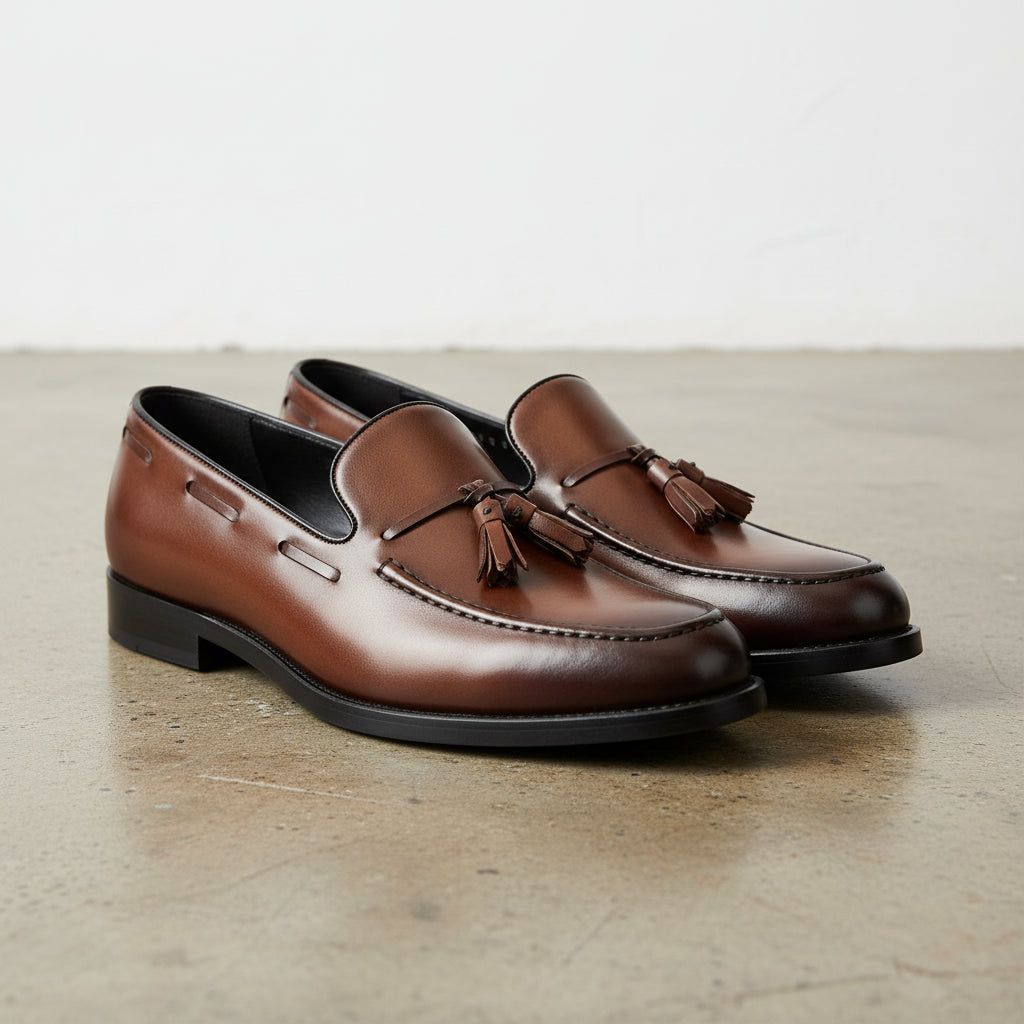 Handmade Men's Full Grain Leather Elegant Loafers - angle-view-showing-depth