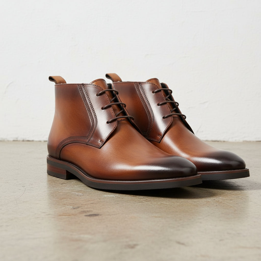 Handmade Men's Full Grain Leather Lace-Up Boots - angle-view-showing-depth