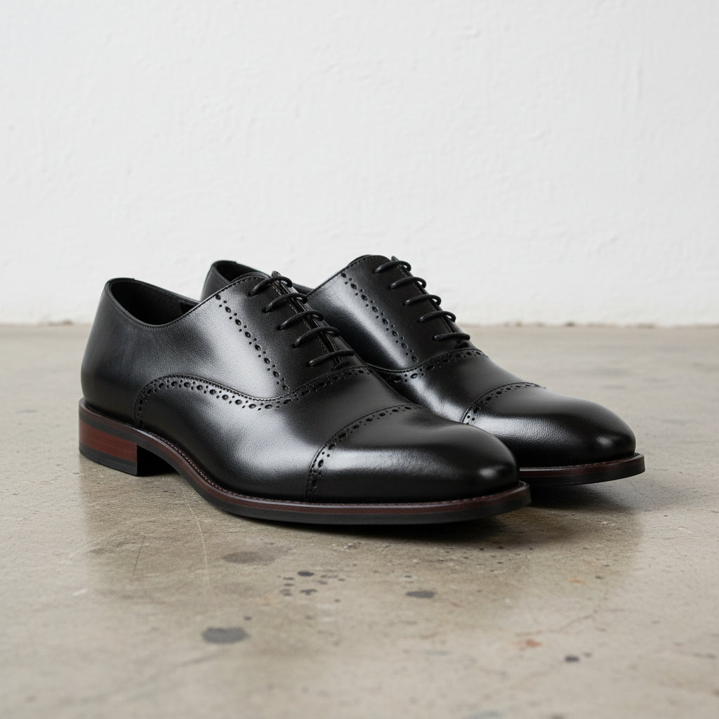 Handmade Men's Full Grain Leather Oxford Dress Shoes - angle-view-showing-depth