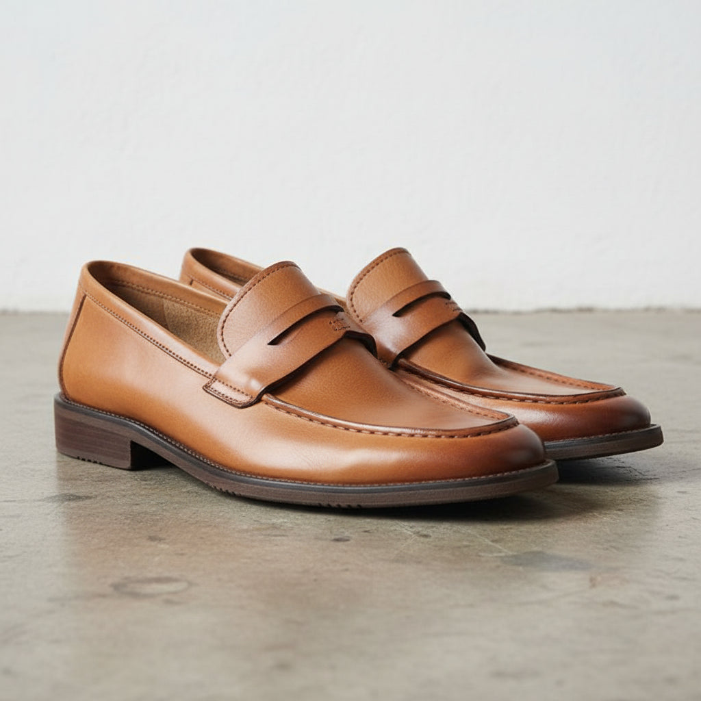 Handmade Men's Full Grain Leather Penny Loafer Shoes - angle-view-showing-depth