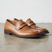 Handmade Men's Full Grain Leather Penny Loafer Shoes - angle-view-showing-depth