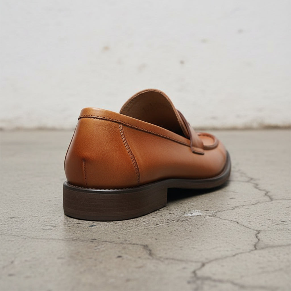 Handmade Men's Full Grain Leather Penny Loafer Shoes - detail-view-showing-texture