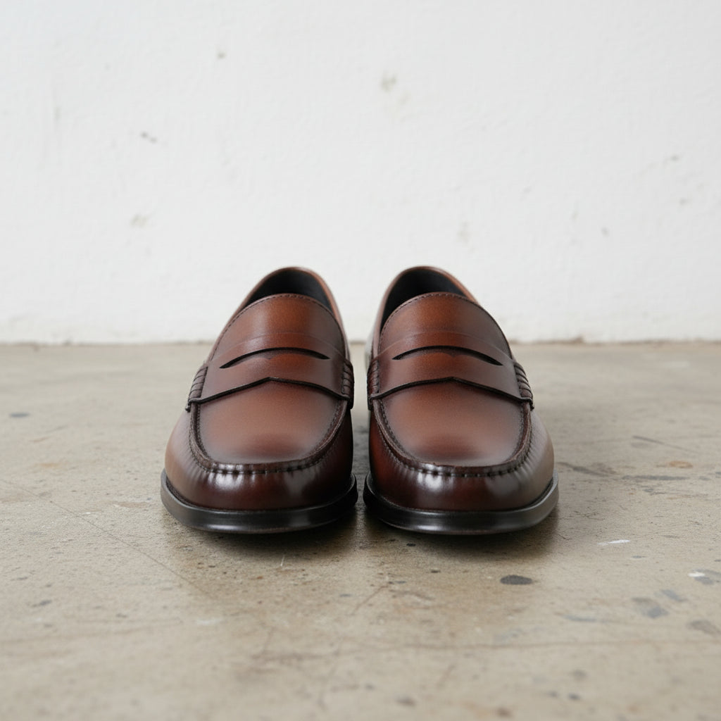 Handmade Men's Full Grain Leather Penny Loafer Shoe - front-view