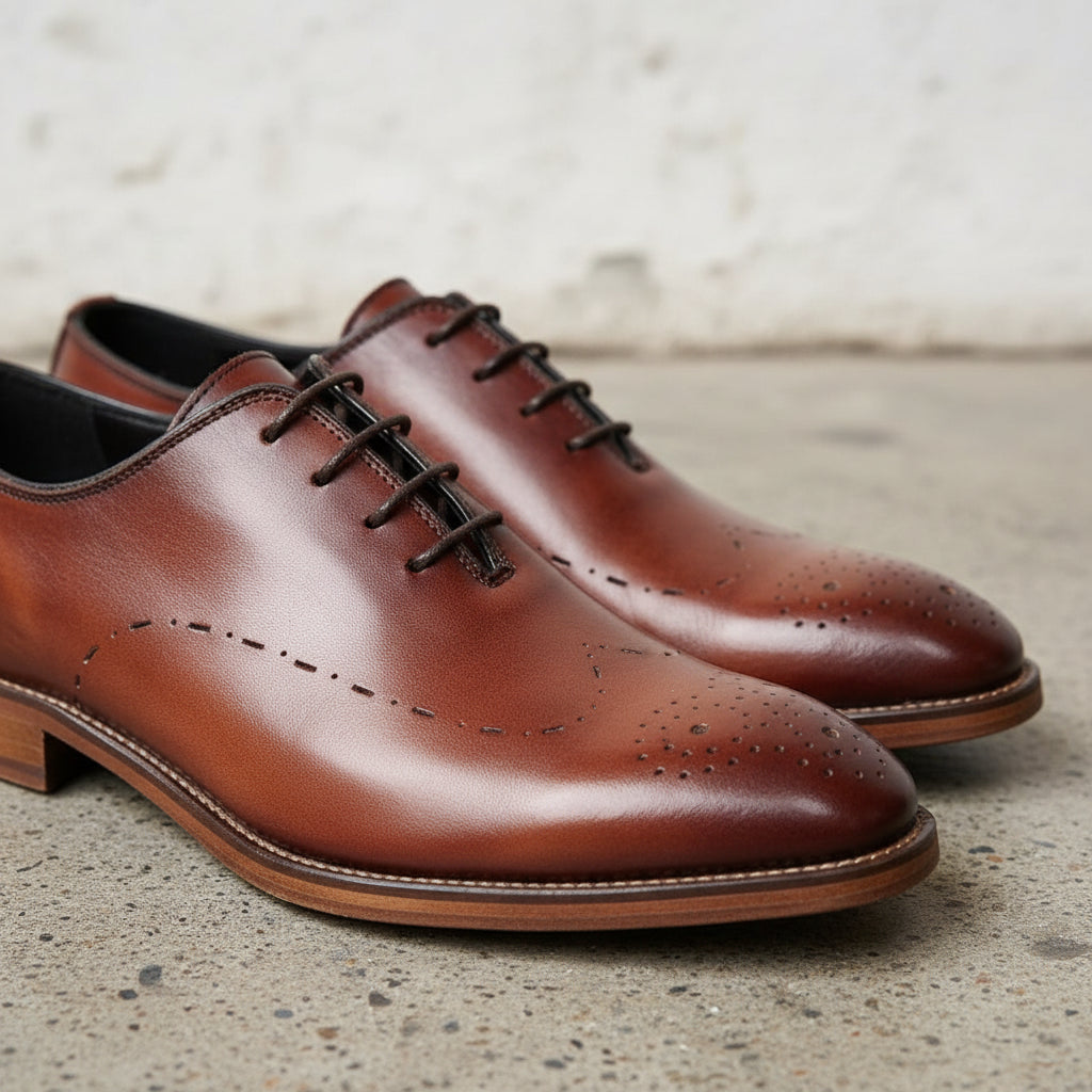 Handmade Men's Full Grain Leather Perforated Derby Dress Shoes - detail-view-showing-texture
