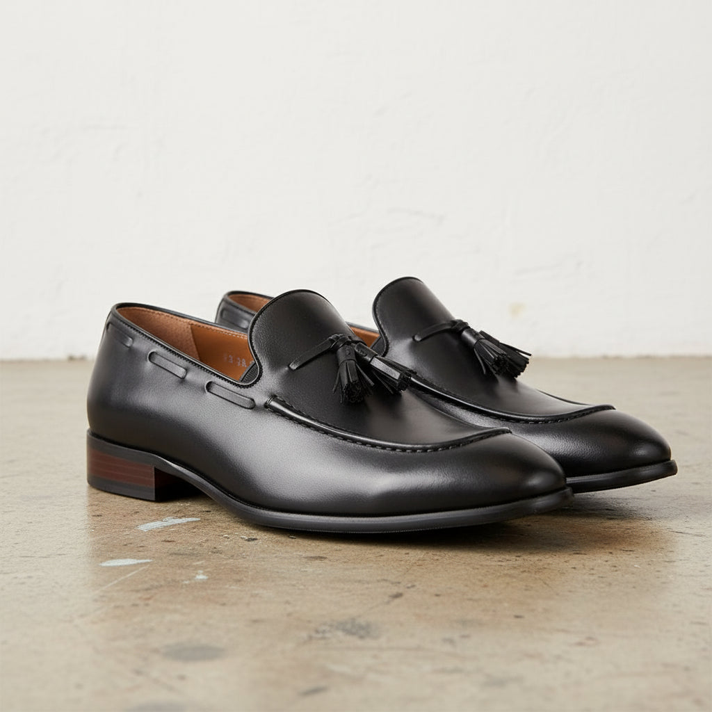 Handmade Men's Full Grain Leather Tassel Loafers - 3-4-right-view