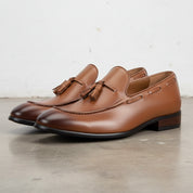 Handmade Men's Full Grain Leather Tassel Loafers - angle-view-showing-depth