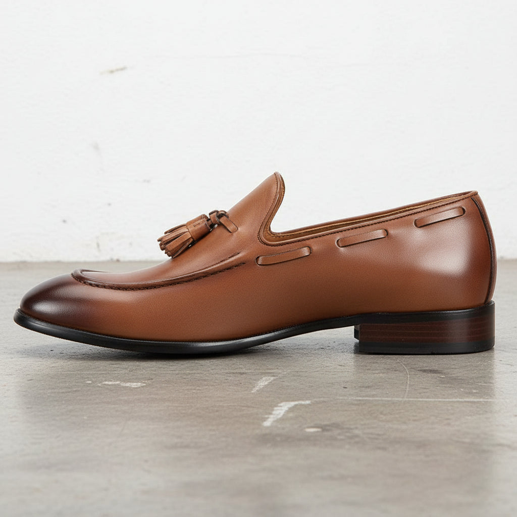 Handmade Men's Full Grain Leather Tassel Loafers - detail-view-showing-texture