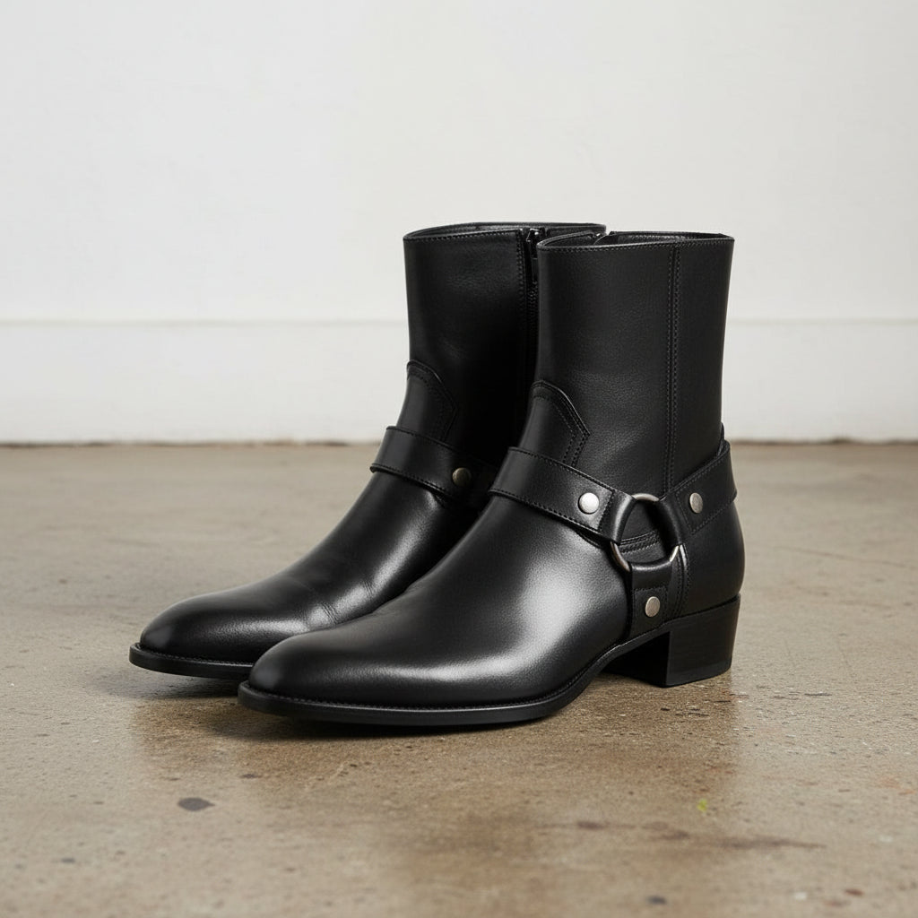 Handmade Men's Full Grain Leather Western Style Boots - angle-view-showing-depth