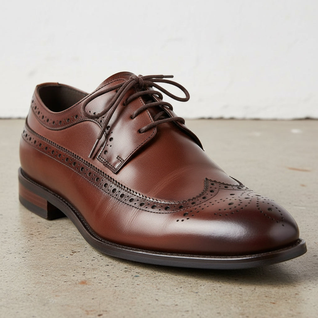 Handmade Men's Full Grain Leather Wingtip Brogue Shoes - detail-view-showing-texture