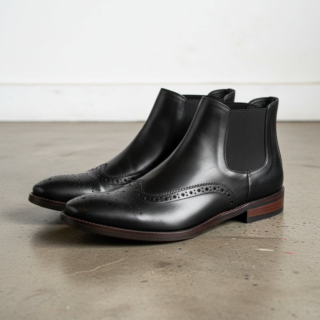 Handmade Men's Full Grain Leather Wingtip Chelsea Boots - 3-4-right-view