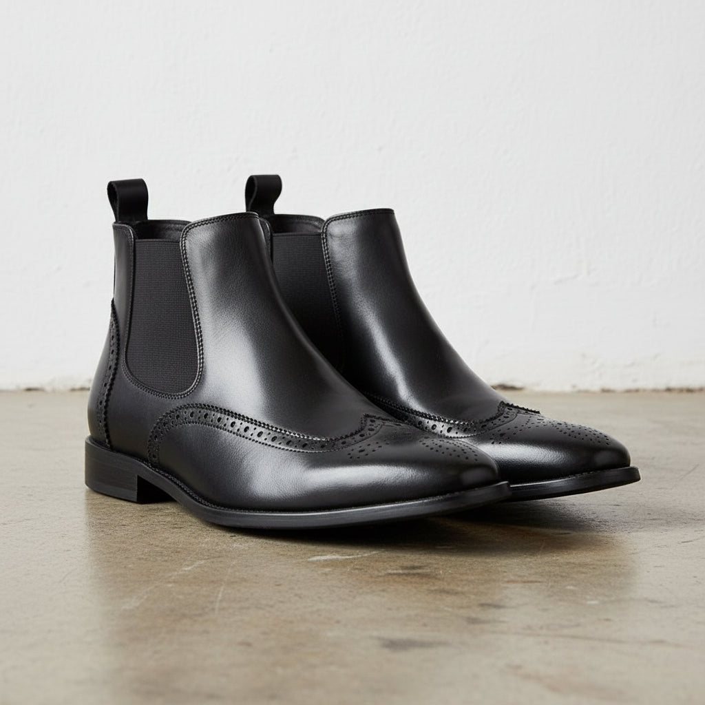 Handmade Men's Full Grain Leather Wingtip Chelsea Boots - angle-view-showing-depth