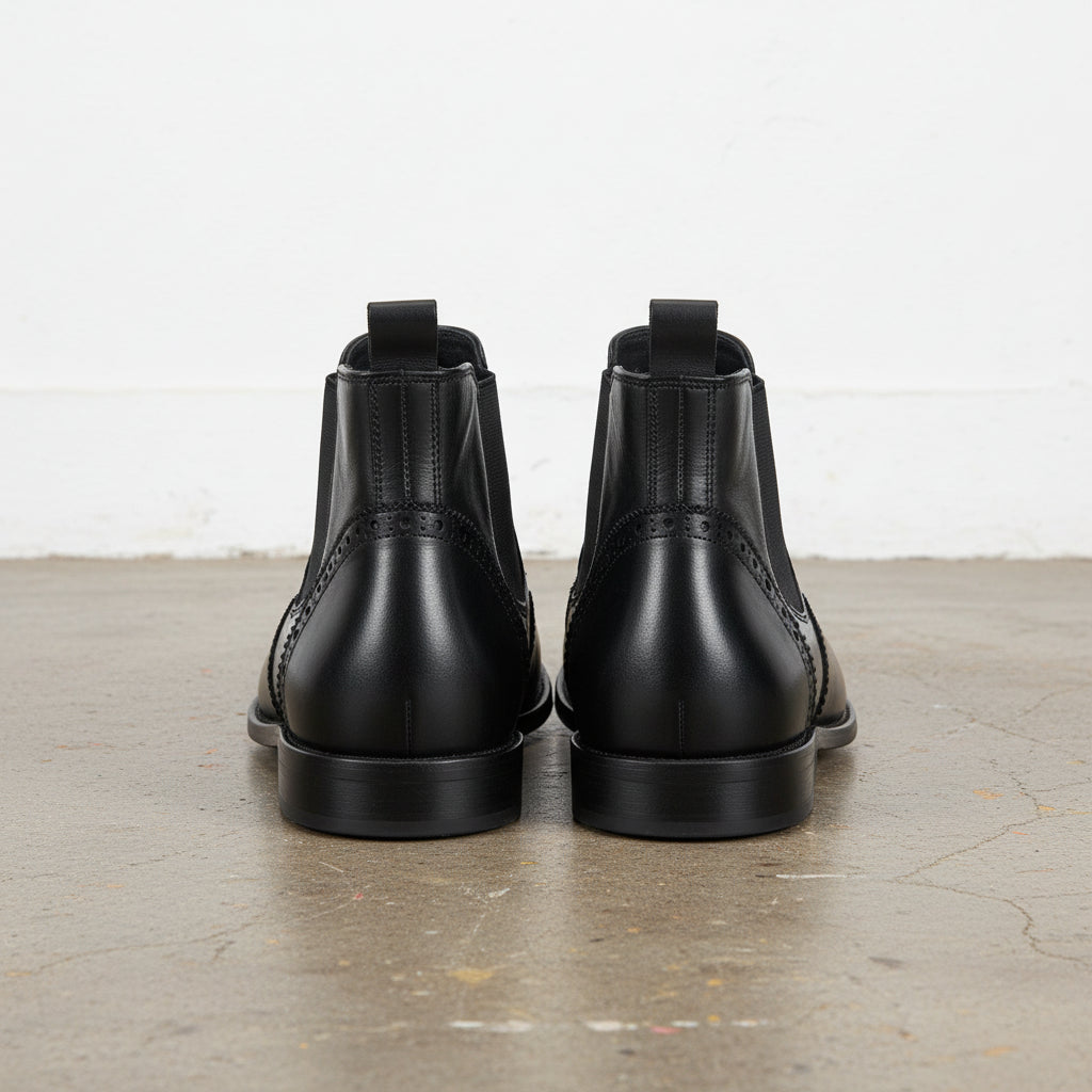 Handmade Men's Full Grain Leather Wingtip Chelsea Boots - back-view