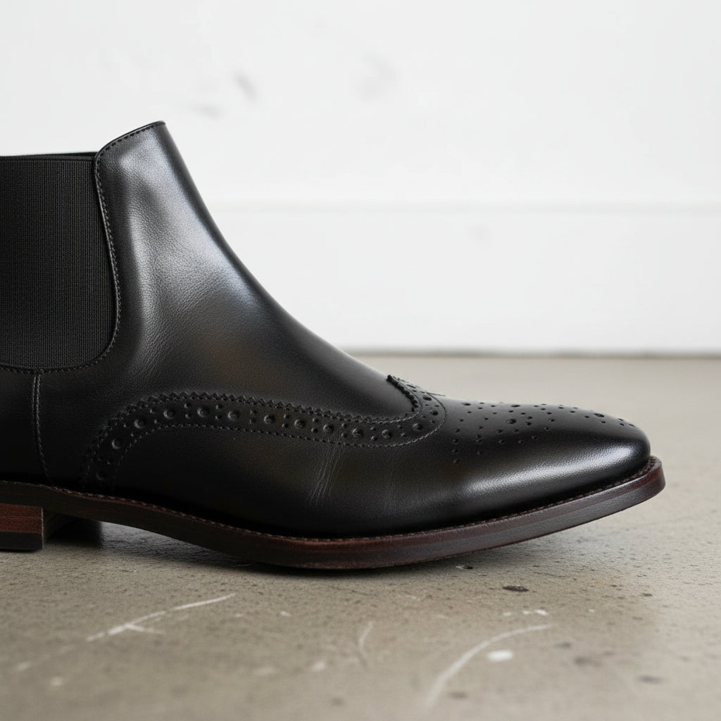 Handmade Men's Full Grain Leather Wingtip Chelsea Boots - detail-view-showing-texture